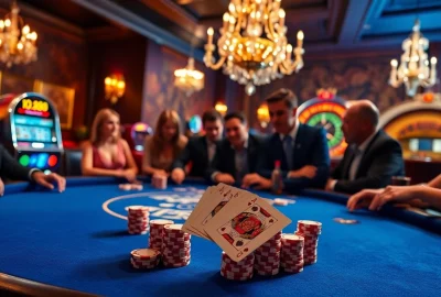 Players celebrate at a poker table in a luxury casino, with j88 chips stacked high, capturing the excitement of gambling.