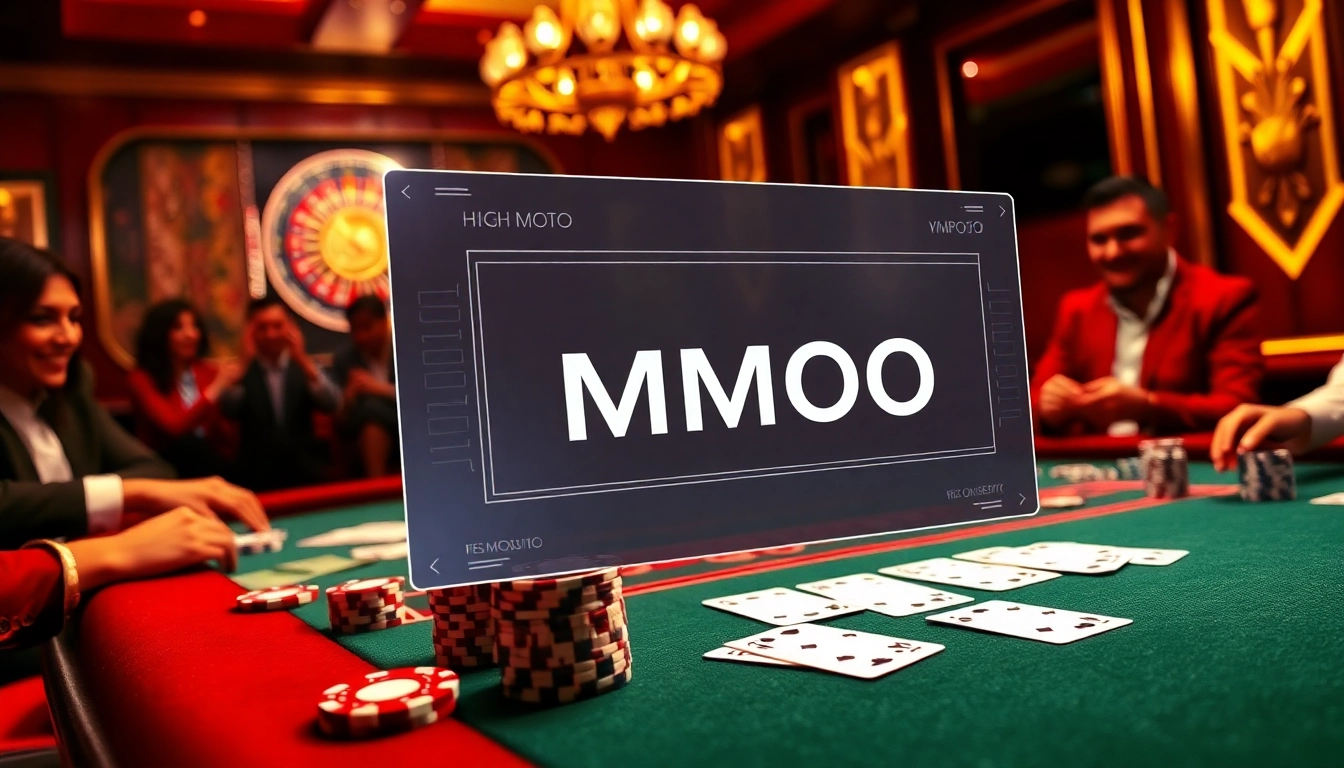 Experience thrilling poker action at MMOO, with vibrant chips and excited players in a luxurious casino.