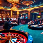 Experience luxury gambling at https://zk88.club/ with a vibrant casino filled with poker tables and roulette wheels.