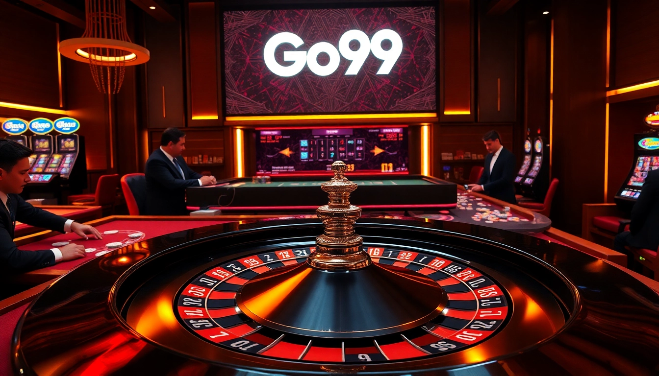 Players enjoy the excitement of Go99 gaming with a vibrant roulette wheel and luxurious casino elements.
