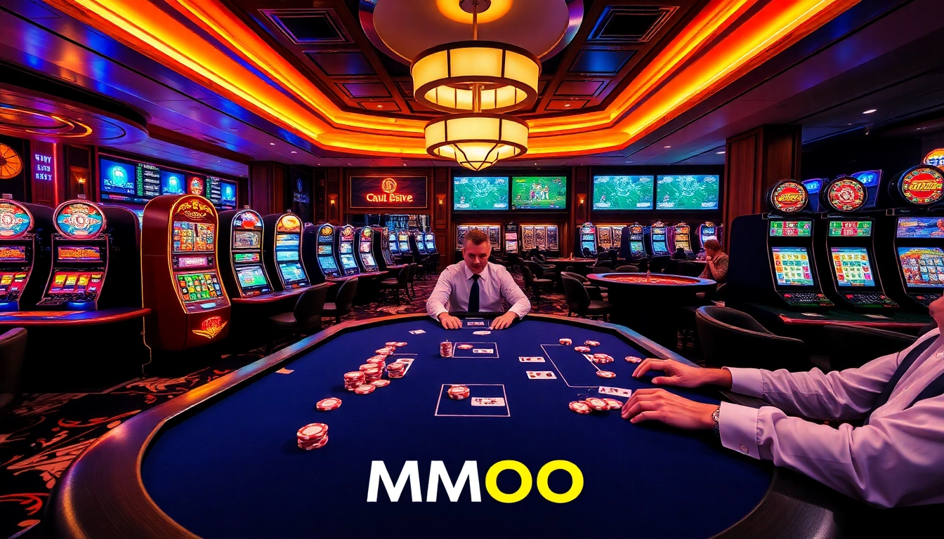 Strategic gameplay at a poker table in a luxurious casino setting featuring MMOO branding.