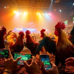 Live cockfighting action at sv368win.live, featuring vibrant roosters and an excited crowd.