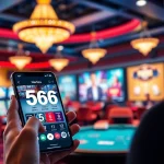 User engaging with 566 mobile app for online gambling at https://566.jpn.com/ in a lively casino environment.