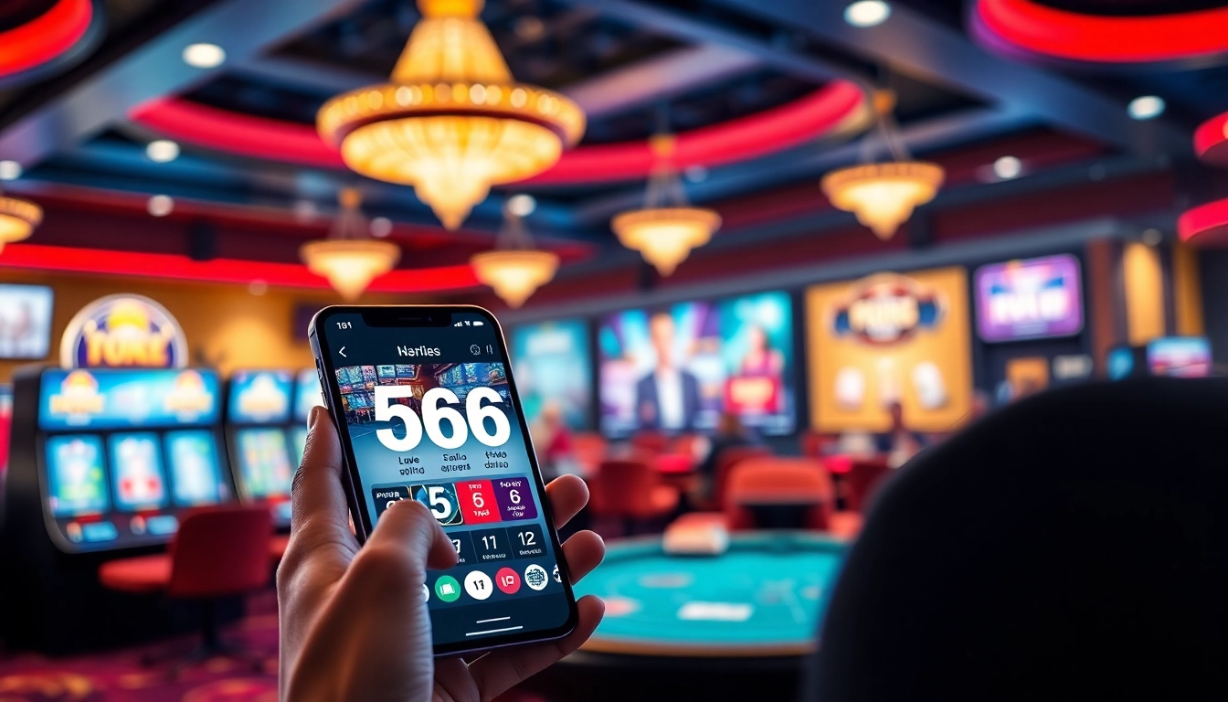 User engaging with 566 mobile app for online gambling at https://566.jpn.com/ in a lively casino environment.