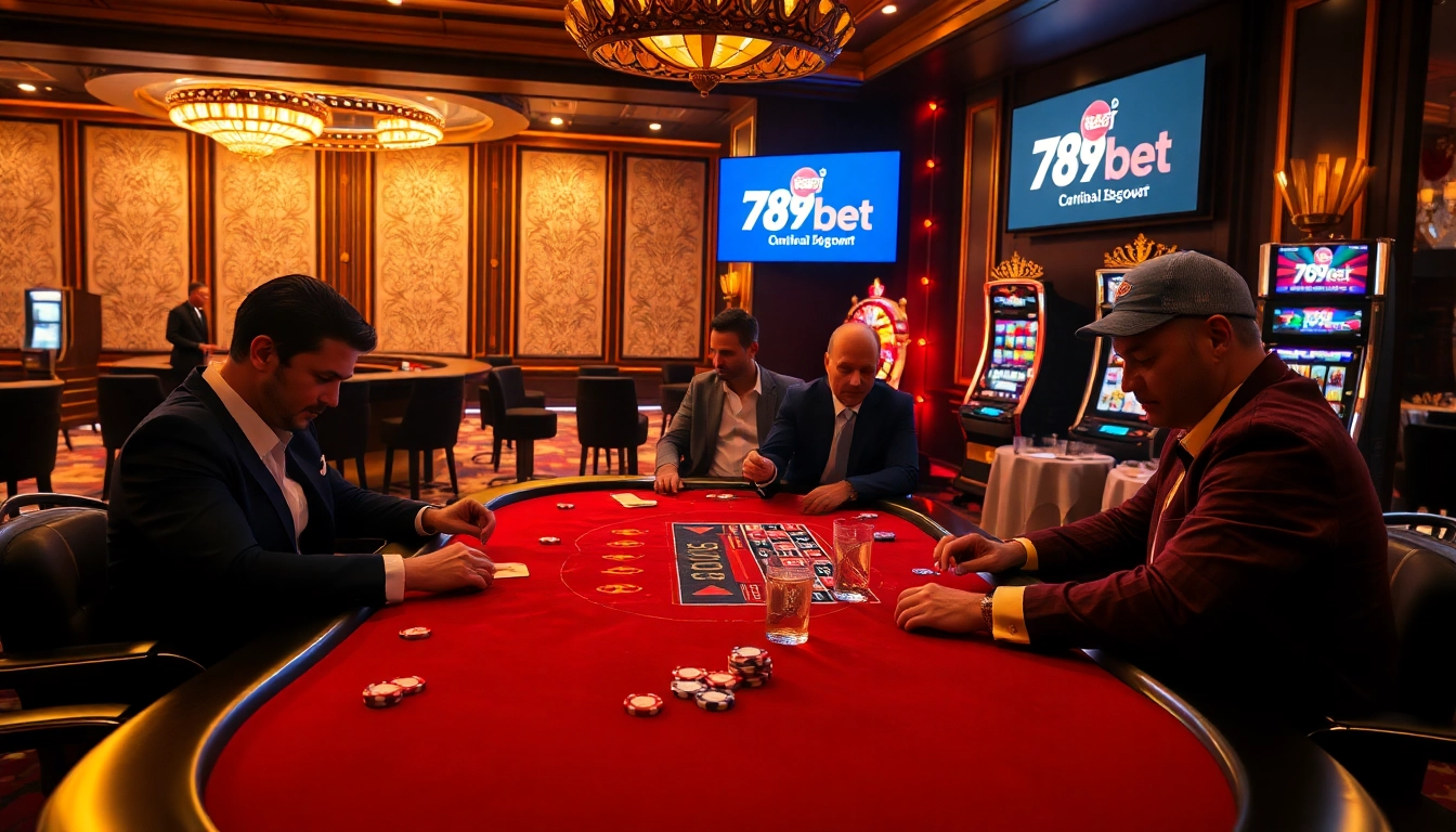 Players engaging in a thrilling poker game at 789bet casino, with vibrant roulette action in the background.