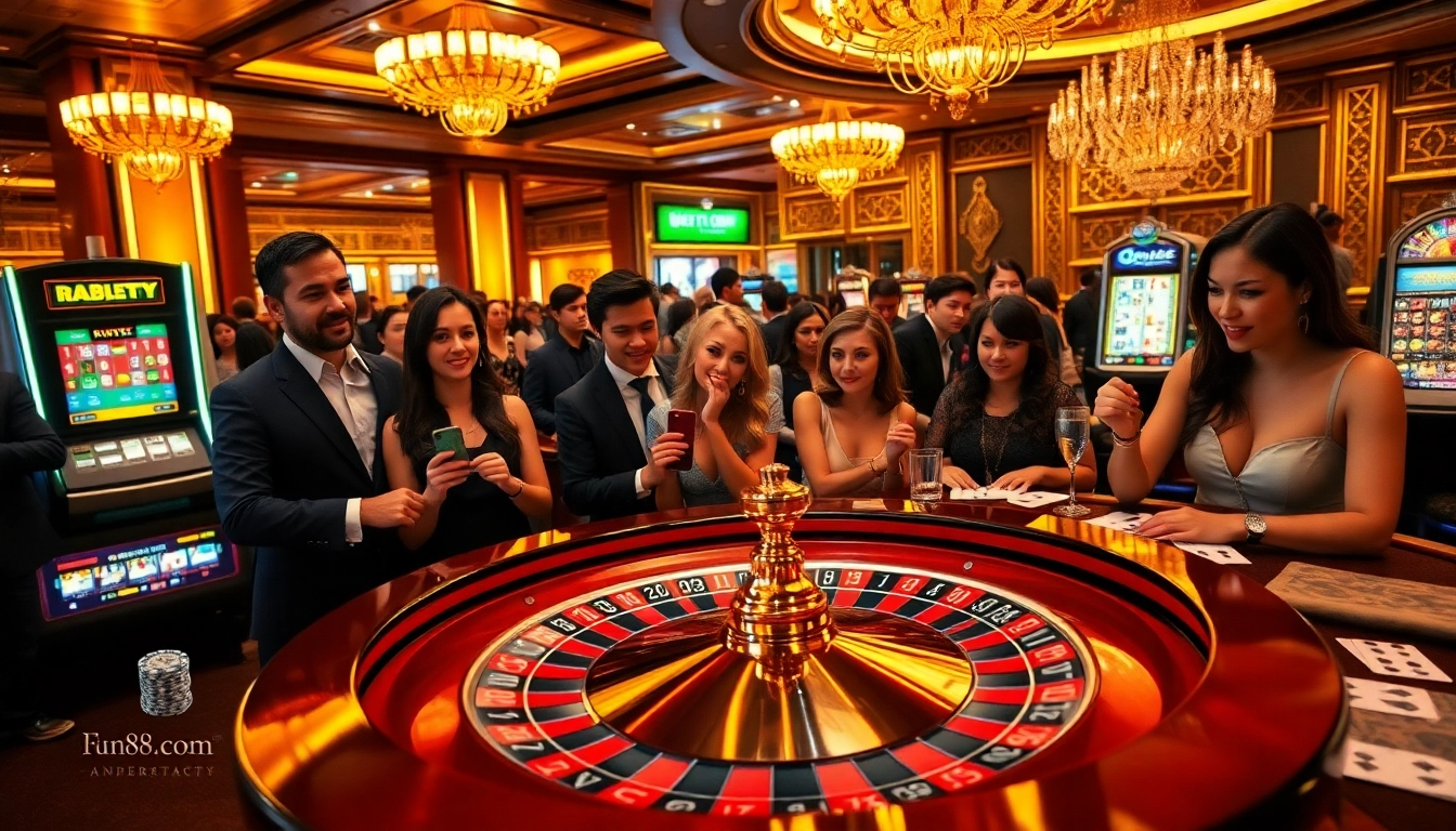 Experience the excitement of gaming at Fun88.com with engaging casino tables and colorful poker chips.