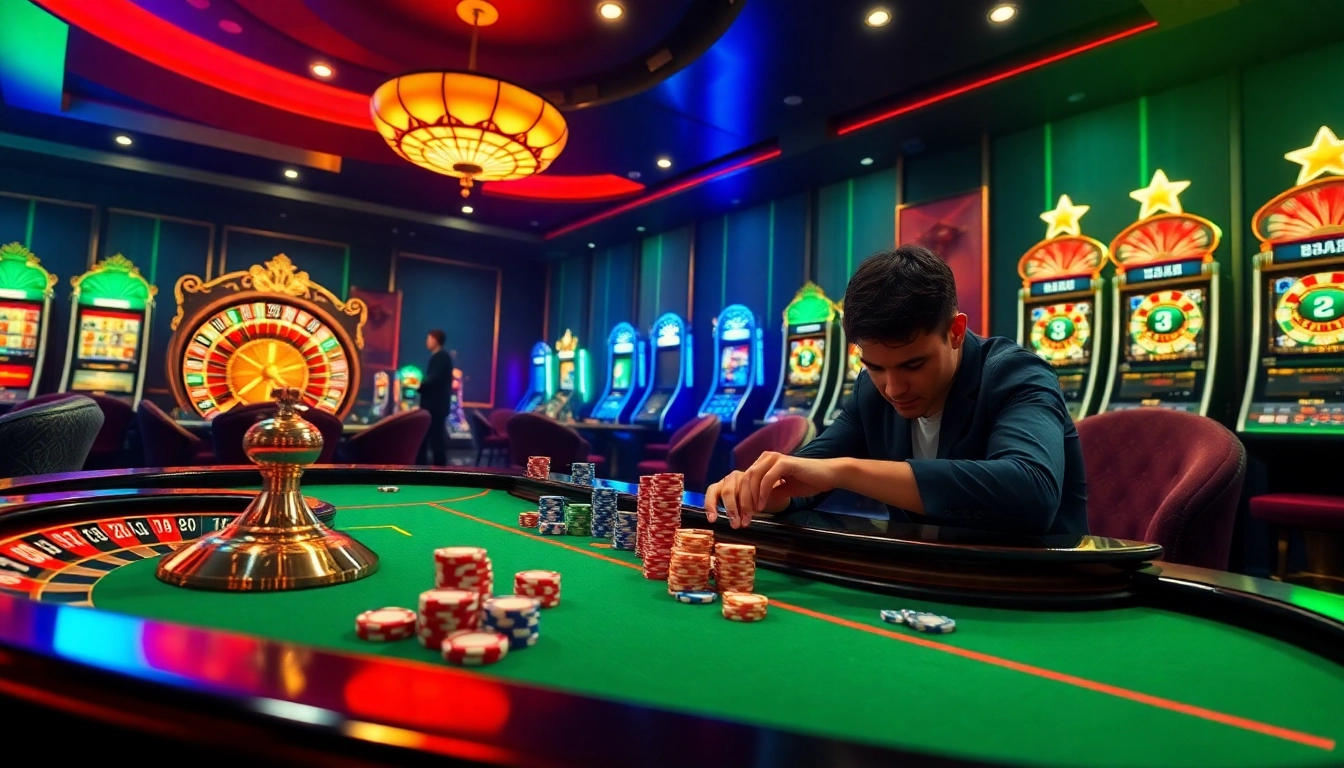 An exciting poker game at https://fly88.ae.org/, where players strategize with chips and cards in a vibrant casino atmosphere.