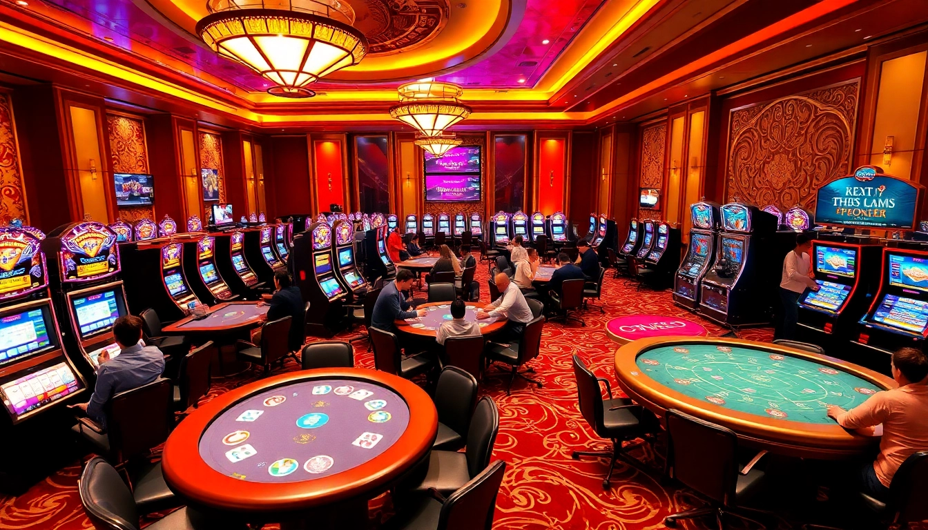 Intense game action at nhà cái 33win casino, showcasing professional gaming tables and vibrant slot machines.