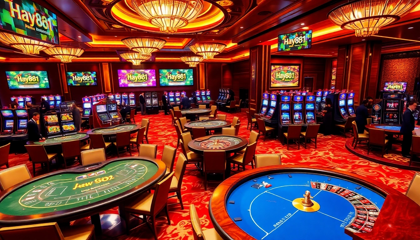 Exciting gambling scene at Hay881 casino with poker tables and slot machines illuminated.