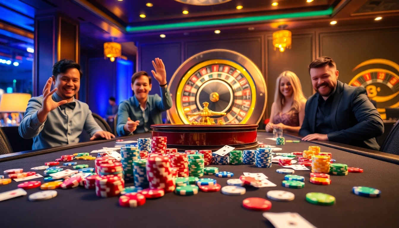 Engaging players enjoying games at FLY88.COM's lavish casino with thrilling tables and vibrant poker chips.