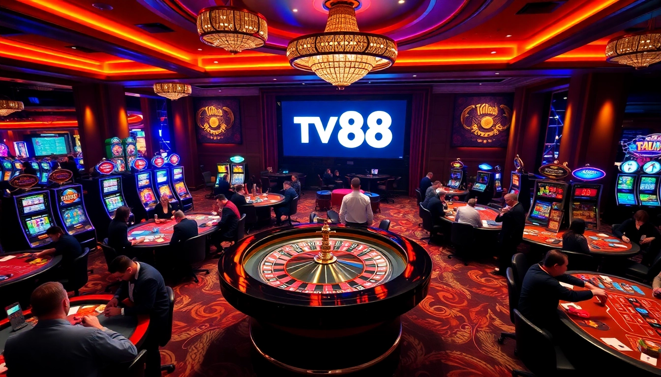 Experience thrilling gameplay at https://tv88.network/ with vibrant casino scenes, slot machines, and poker excitement.