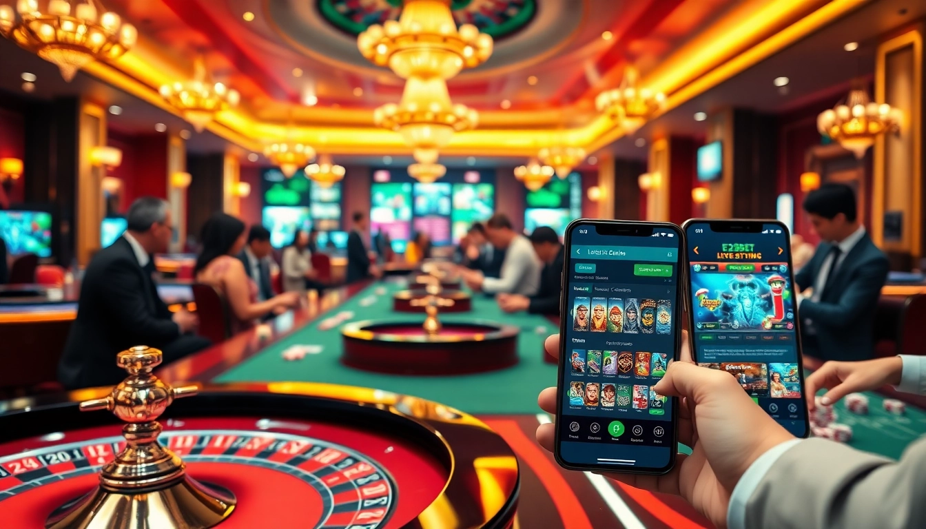 Players engaging with the e2bet app in a luxurious casino setting featuring vibrant tables and games.