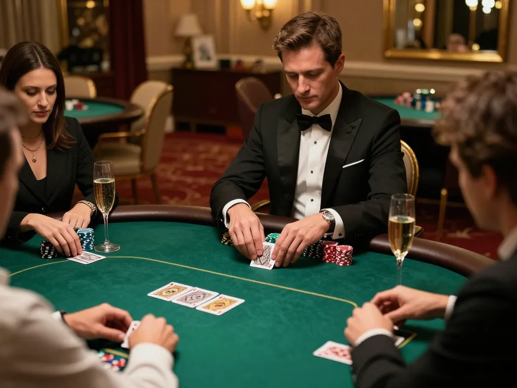 Poker players strategizing at an upscale game table in a luxury setting with bets showcased on https://da88at.com/.