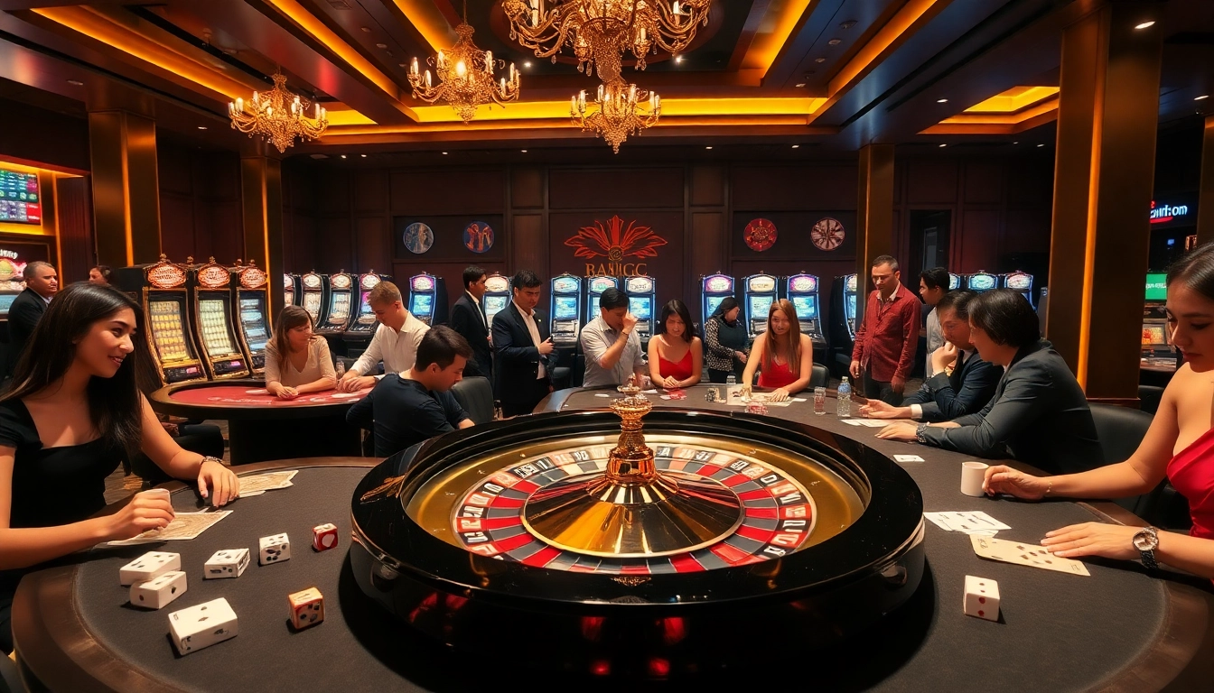 Exciting casino atmosphere featuring tập đoàn kjc with players at roulette and poker tables.