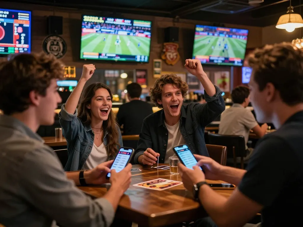 Sports fans engaging in live betting on sbobet at a vibrant bar atmosphere.