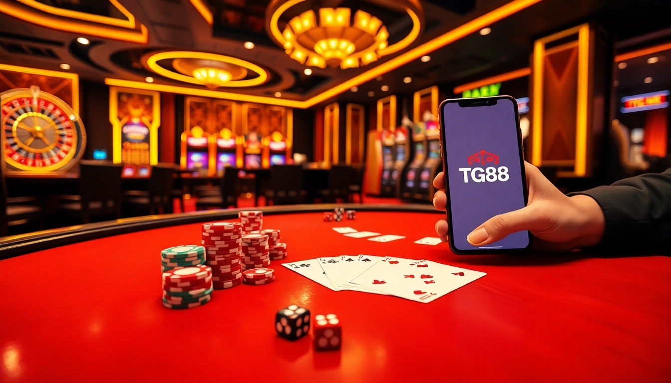 TG88 strategic gambler managing poker chips and cards at a luxurious casino table for winning bets