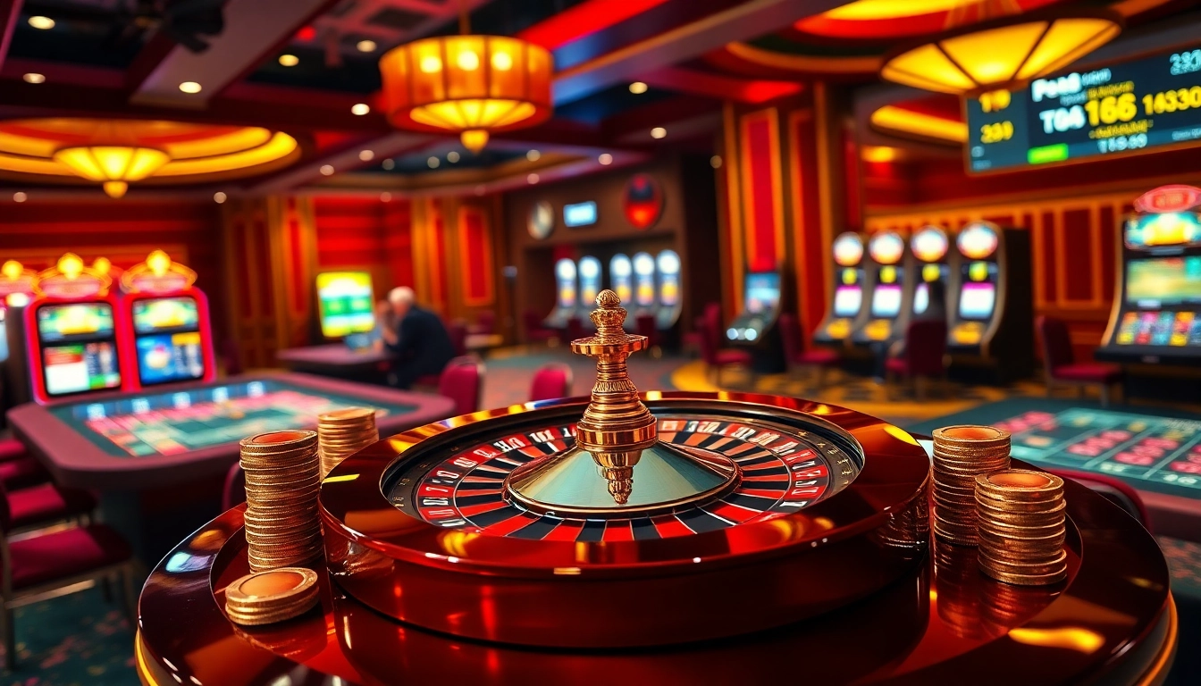 A sophisticated casino scene featuring Nhà cái TG88, showcasing a roulette wheel and poker action.
