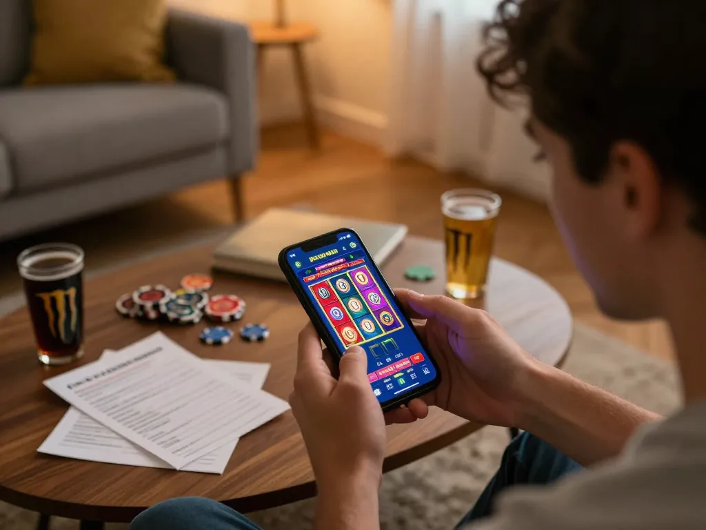 Engaging with rr 88 casino app on smartphone surrounded by betting notes, showcasing online gambling