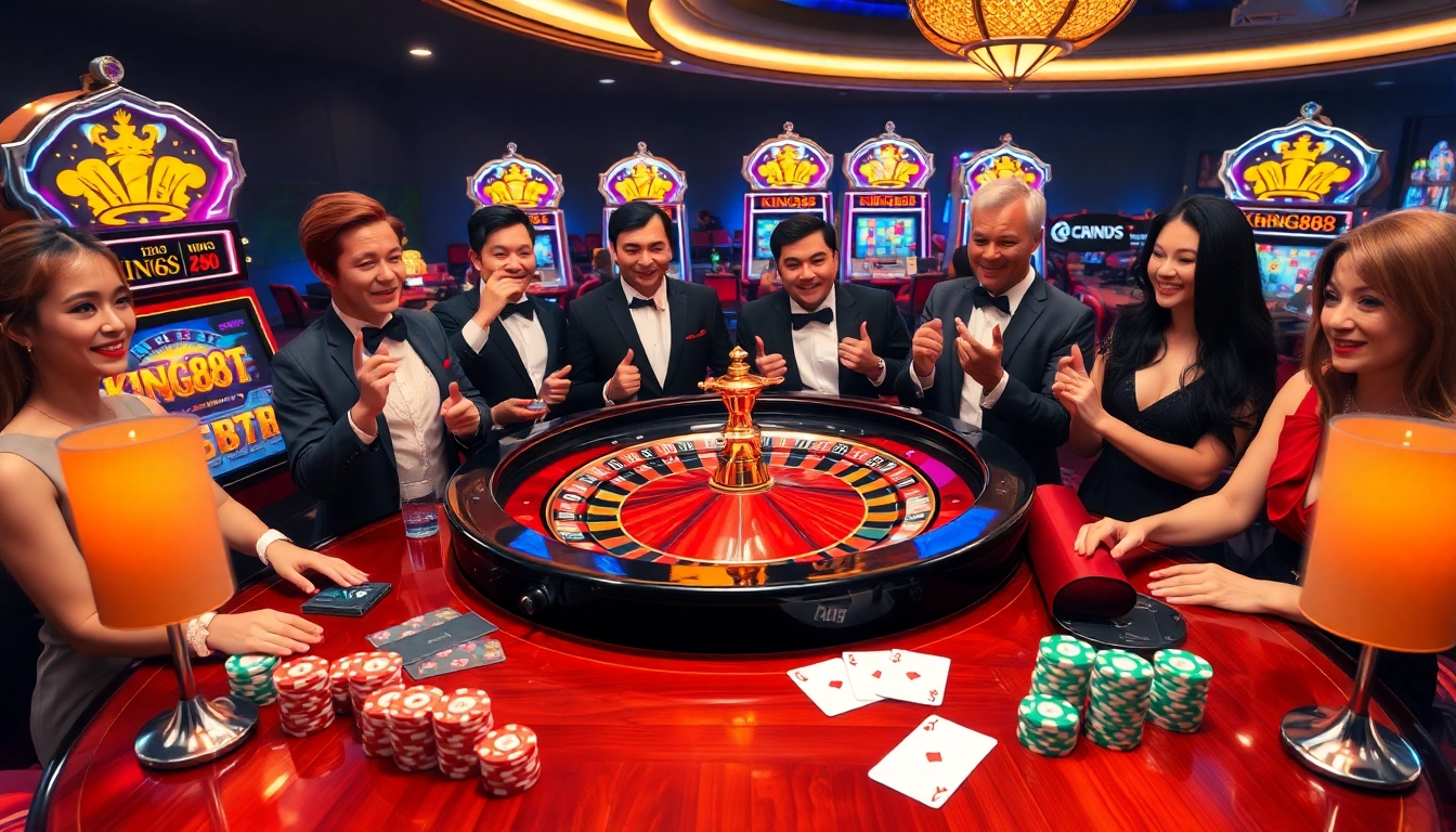 Excited players place bets at the King88 roulette table in a luxurious casino setting.