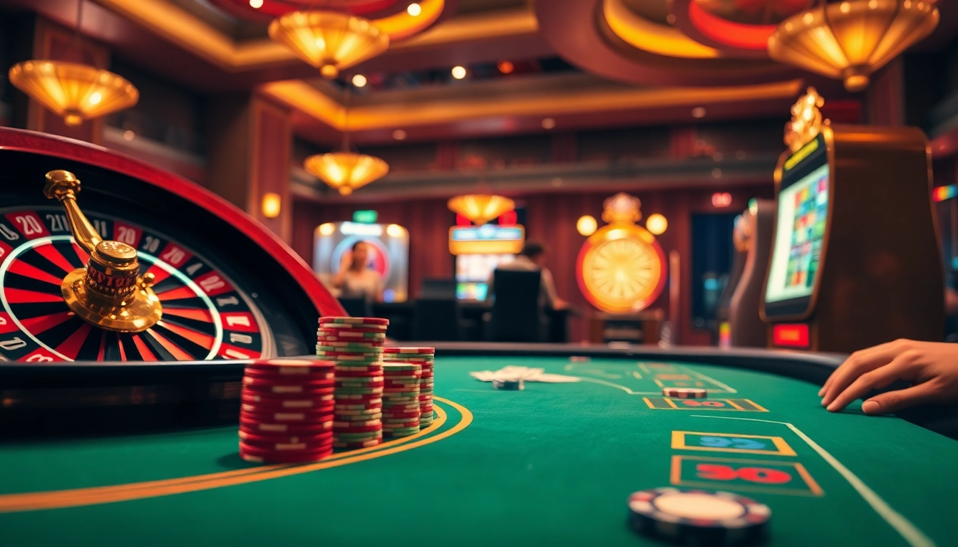 The luxurious scene of a casino with roulette and poker games, showcasing excitement and strategy at https://qq88.social/.