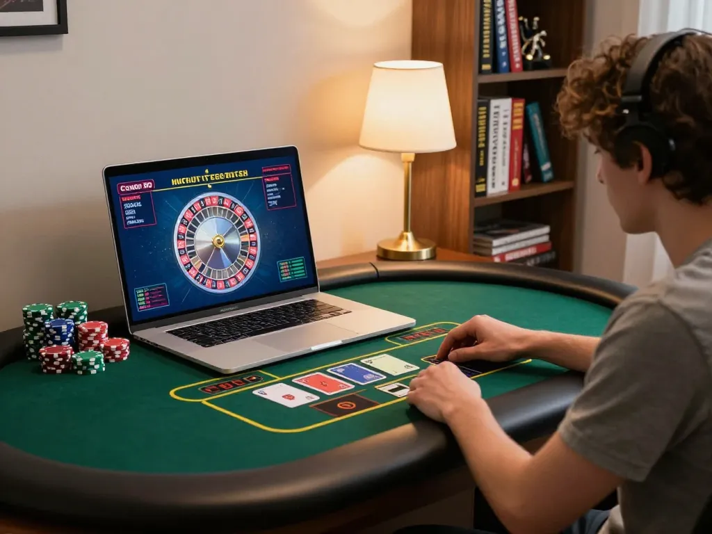 Engaged player at home using dh 88 casino app with live dealer on laptop, showcasing dynamic gameplay.