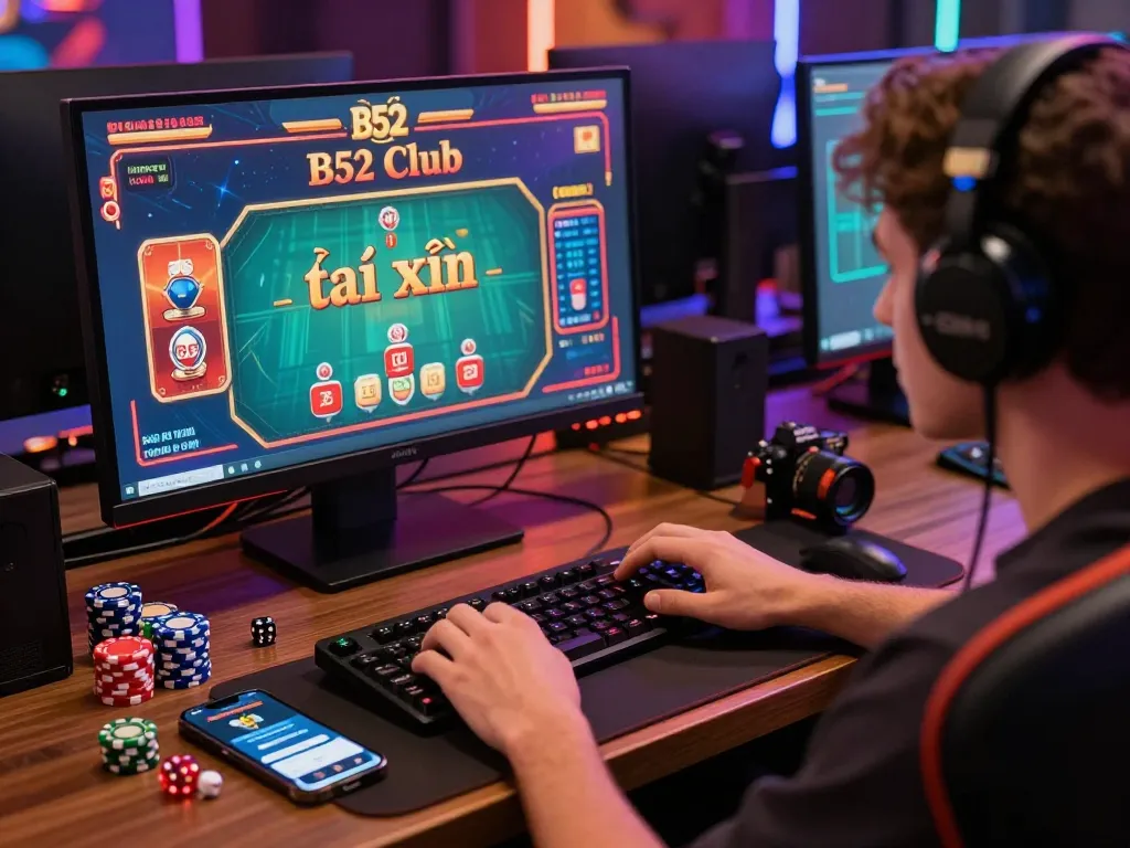 B52 Club tài xỉu game experience with a player engaged at modern setup, showcasing vibrant graphics and gaming accessories.