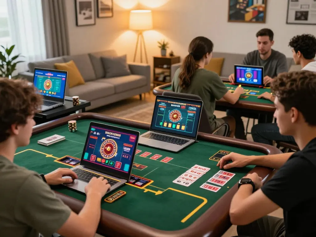 Engaged players enjoying online casino games with okfun in cozy home setting, focusing on strategy and fun.