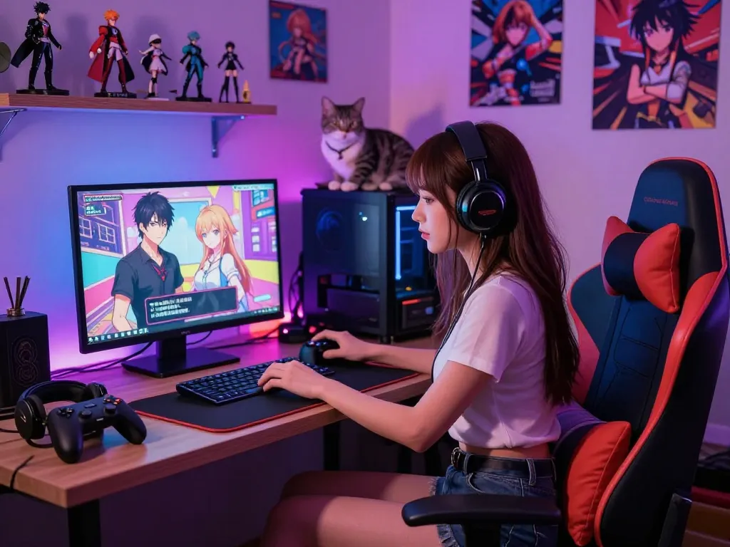 Interactive scene featuring a character from a porn game at a cozy gaming setup, showcasing an engaging atmosphere.