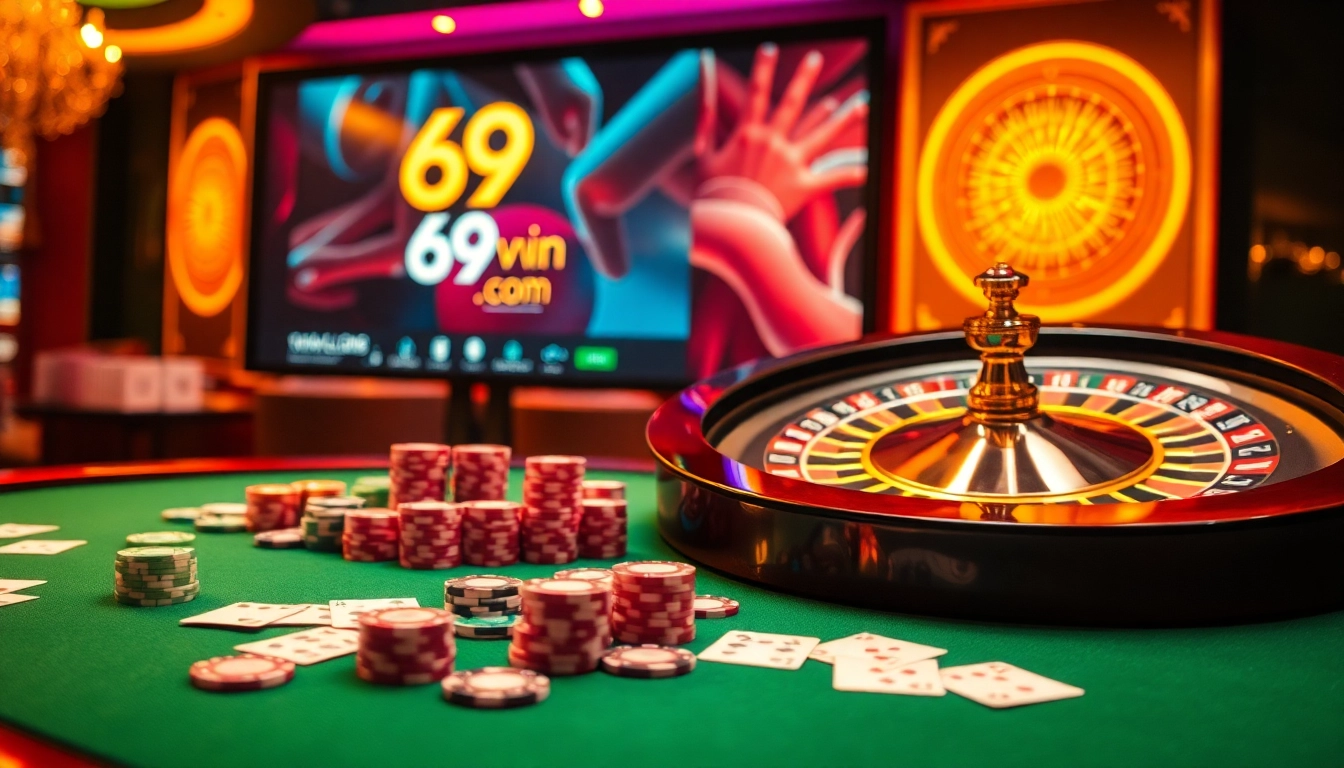 A vibrant poker scene with dynamic gameplay at 69vn com casino, showcasing cards, chips, and a roulette wheel.
