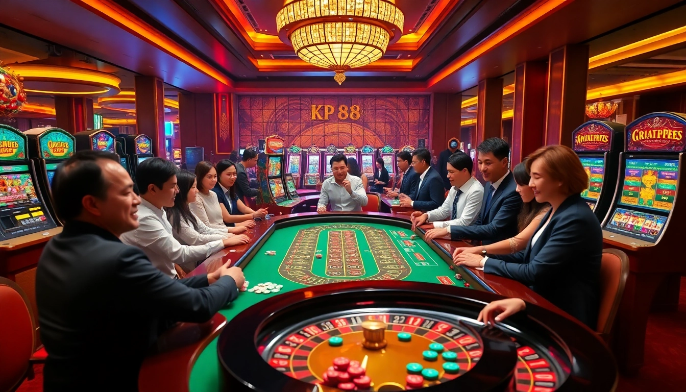 KP 88 gaming table surrounded by excited players in a luxurious casino setting.