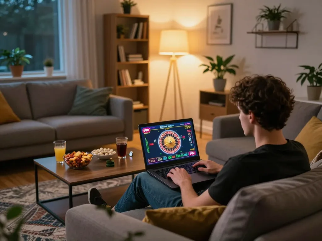 Engaging scene of online gaming at https://3win.blue/ featuring a player at home focused on roulette gameplay.