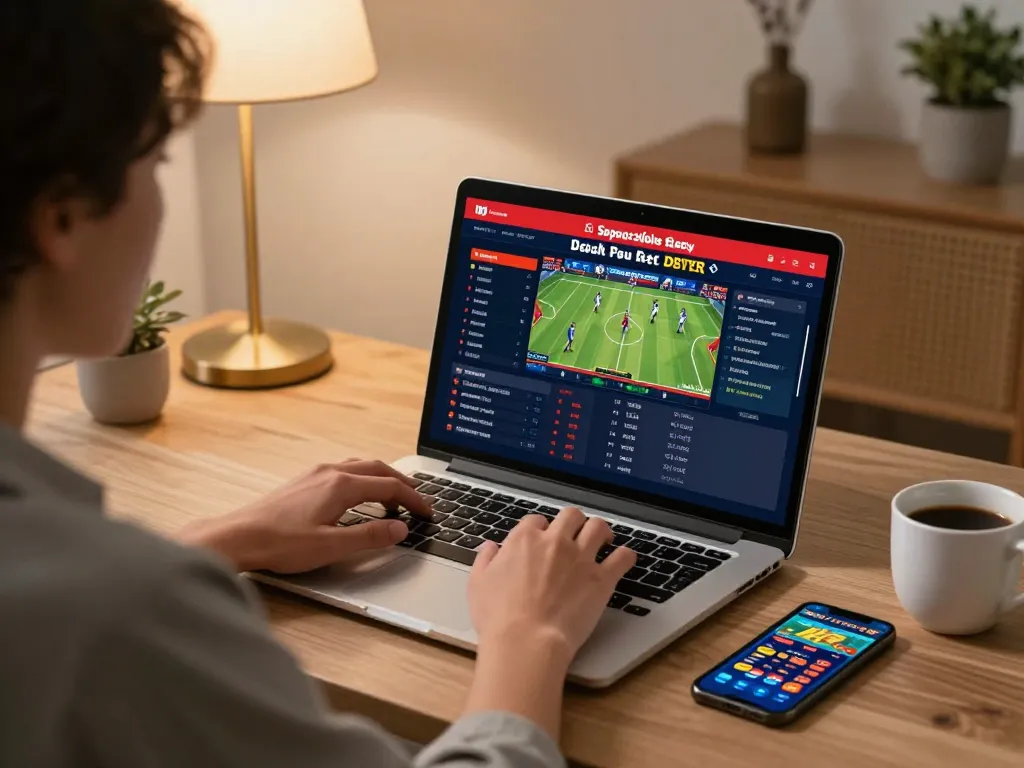 Sky88 online sports betting setup showcasing a person engaging with live betting on a stylish laptop.