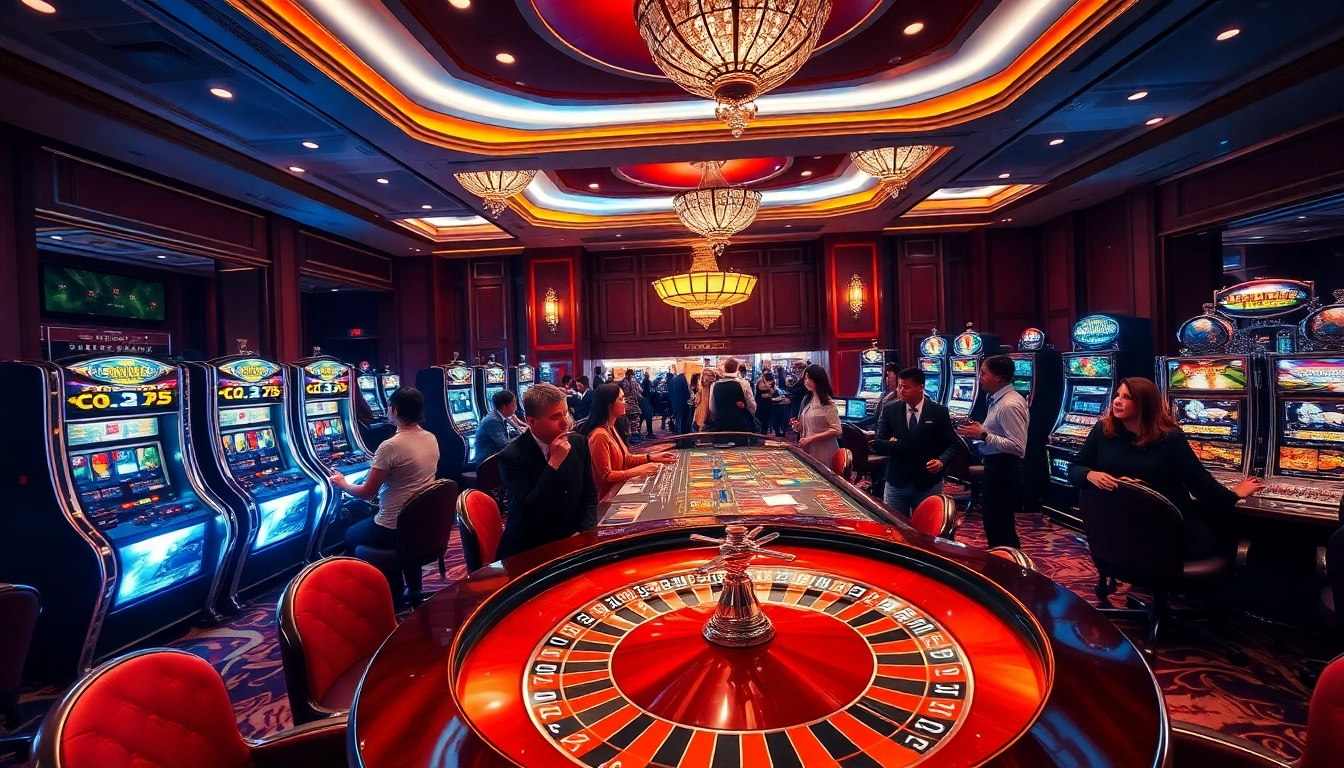 An exciting casino scene featuring vibrant slot machines and roulette tables with players enjoying their time, highlighting https://8xx.golf/ as a top gaming destination.