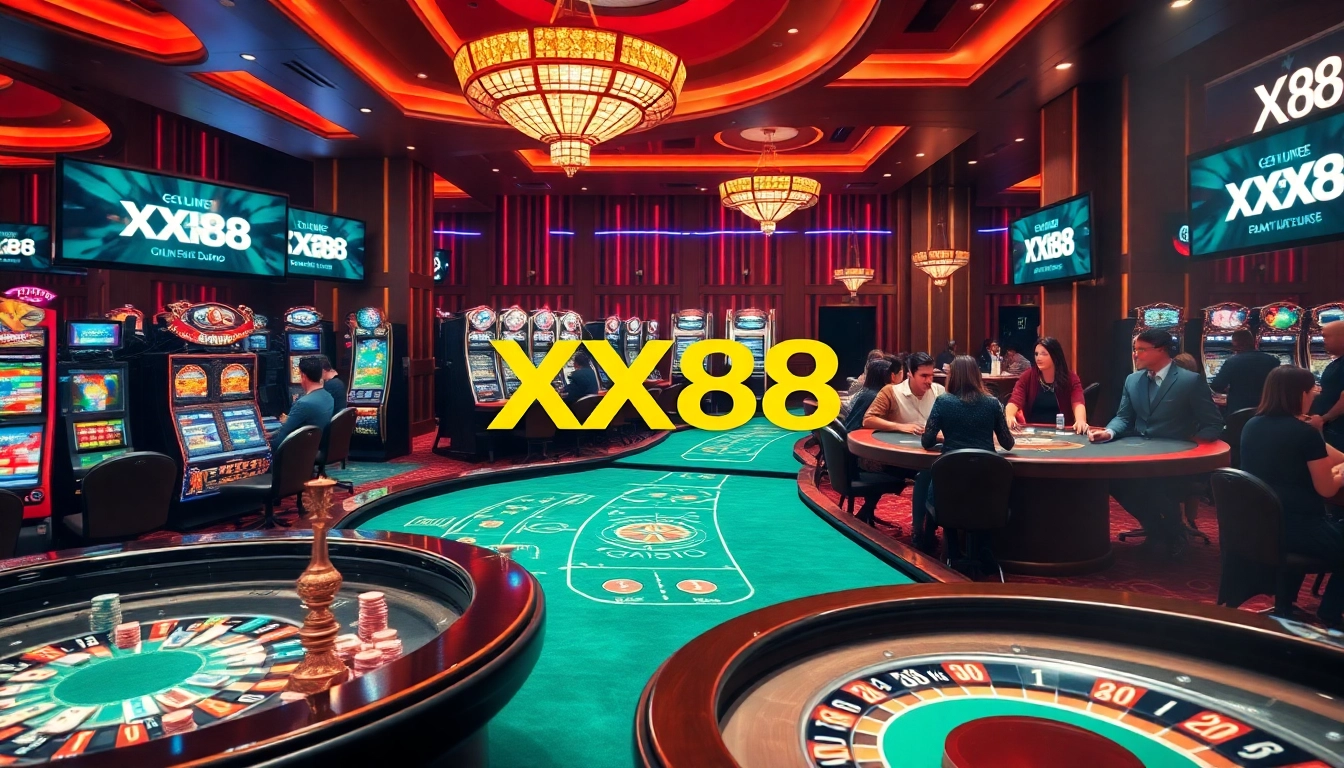 Engaging players at a luxurious casino enjoying games like slots and poker with XX88 branding.