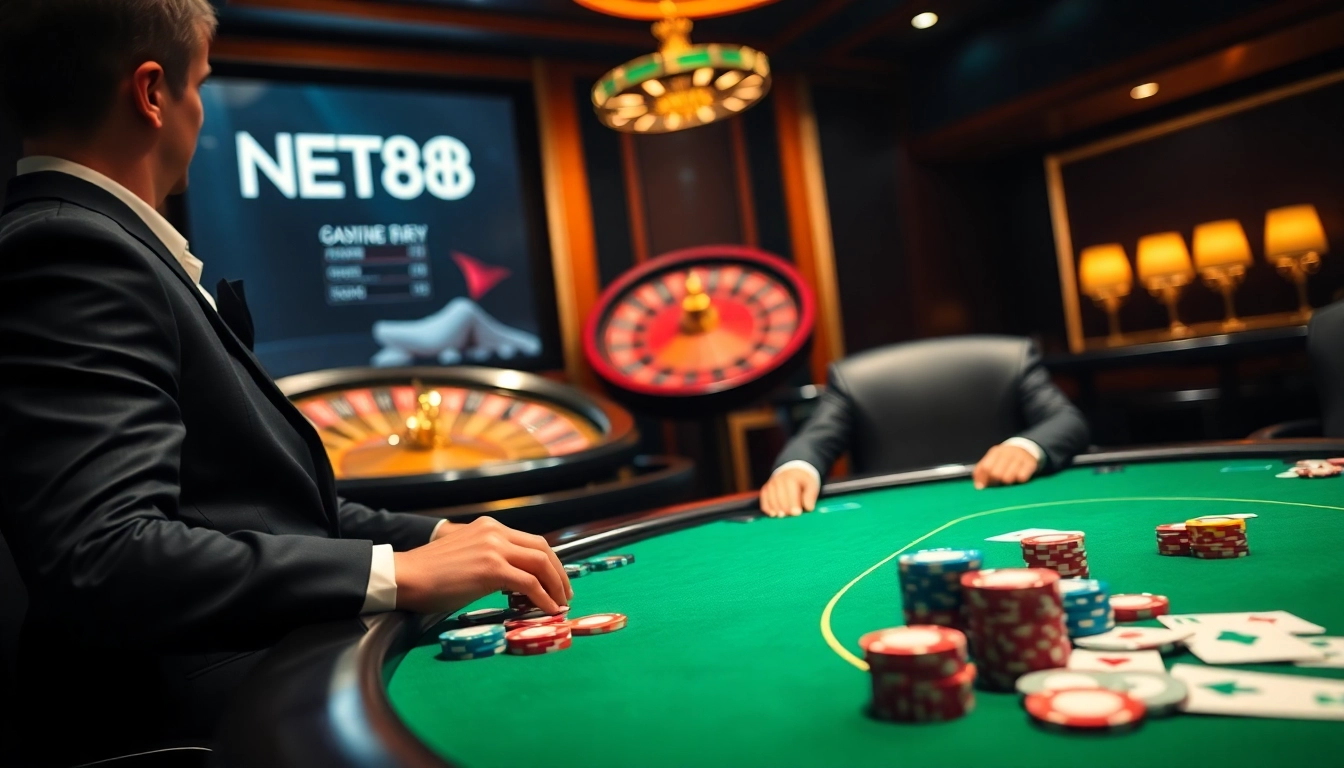 Experience the thrill of poker at NET88 with vibrant chips and cards in an elegant casino setting.