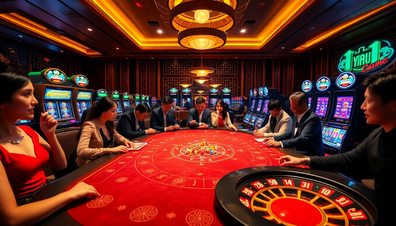 Gamblers enjoy a thrilling Tài Xỉu game at TG88, surrounded by colorful chips and dice.