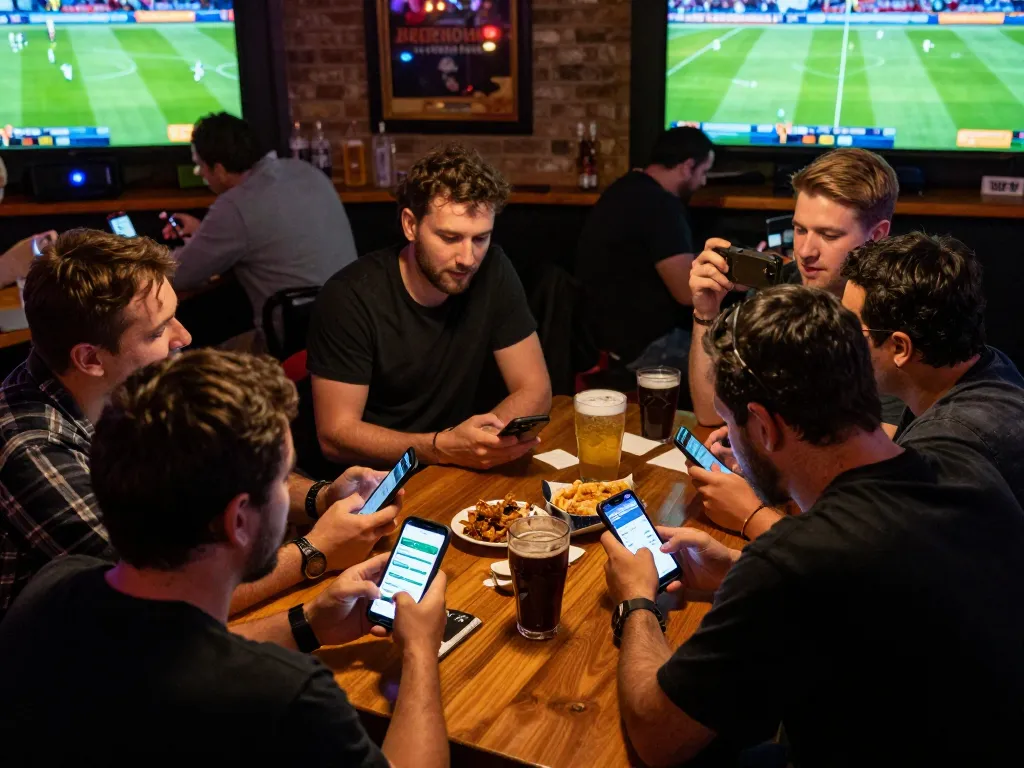 Sports bettors engaging with keo nha cai apps in a lively sports bar atmosphere
