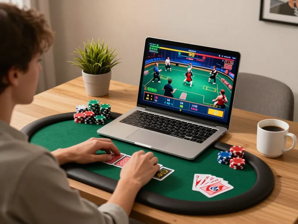 Engaging in live poker gameplay on a laptop using Ok9 platform with vibrant graphics