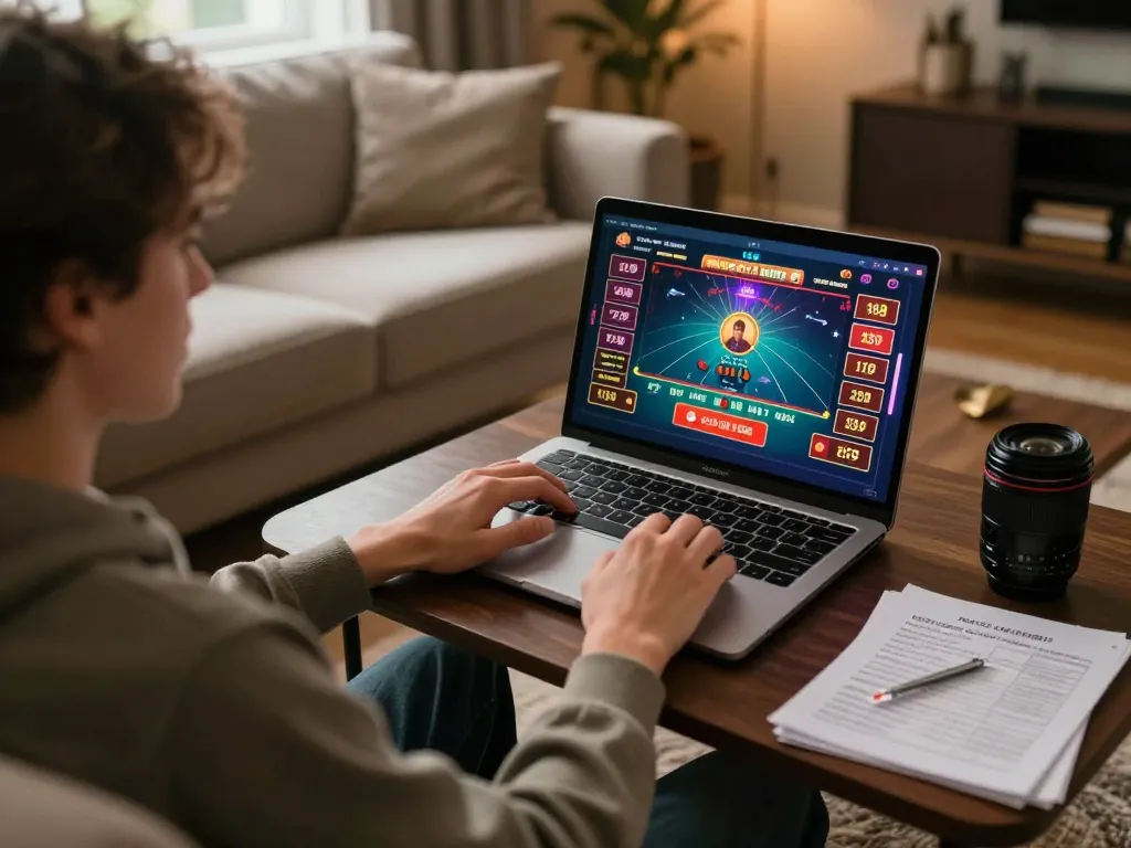 Engaging online gaming scene at https://lucky88.sbs/ showcasing a player enjoying live dealer games in a cozy setting