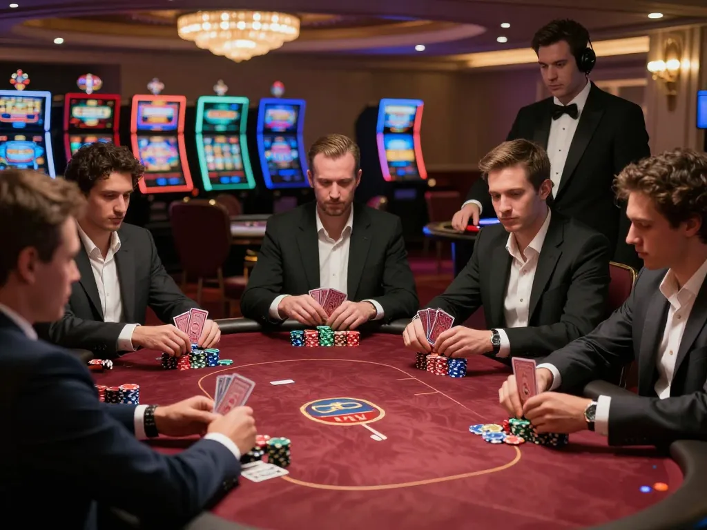 Players in high-stakes poker game at https://fabet11.sa.com/ focused on their hands and chips.