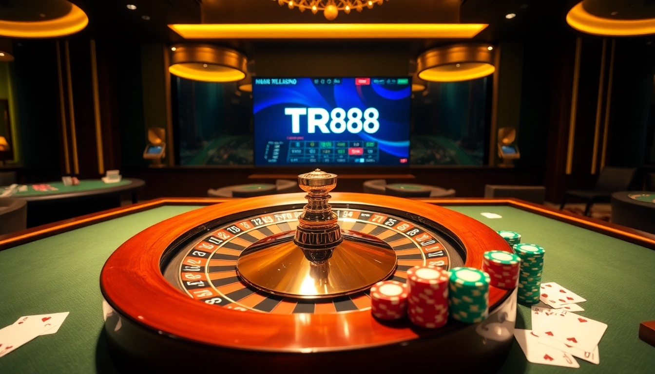 TR88 casino scene showcasing roulette, cards, and poker chips, symbolizing luxury gaming.