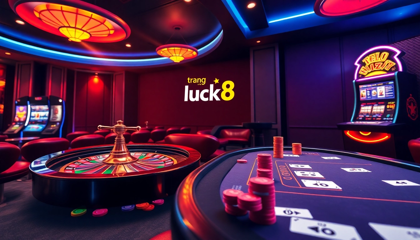 Engage with the exciting world of casino games at trang luck8, featuring vibrant slot machines and roulette wheels.