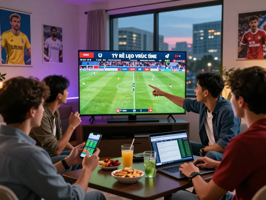 Excited friends analyzing tỷ lệ kèo trực tuyến during a thrilling football match with snacks and live betting insights.