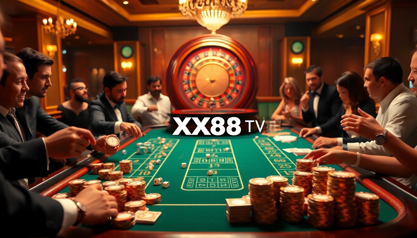 Exciting gambling scene showcasing players at XX88 TV table games with vibrant casino elements.
