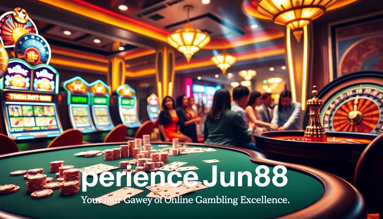 Winning at https://jun88.now/ with a vibrant casino scene featuring players at a gaming table.