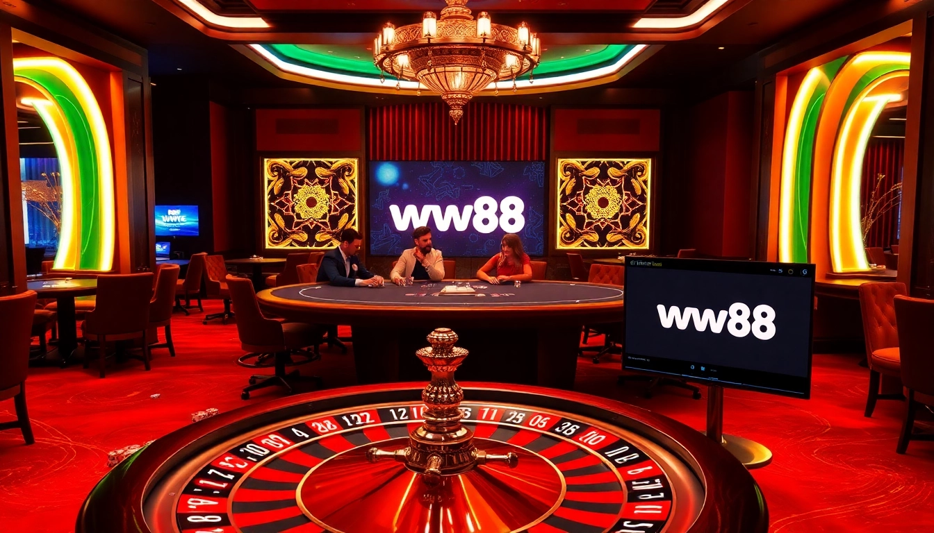Experience high-stakes poker at ww88 with vibrant casino lights and thrilling gaming action.