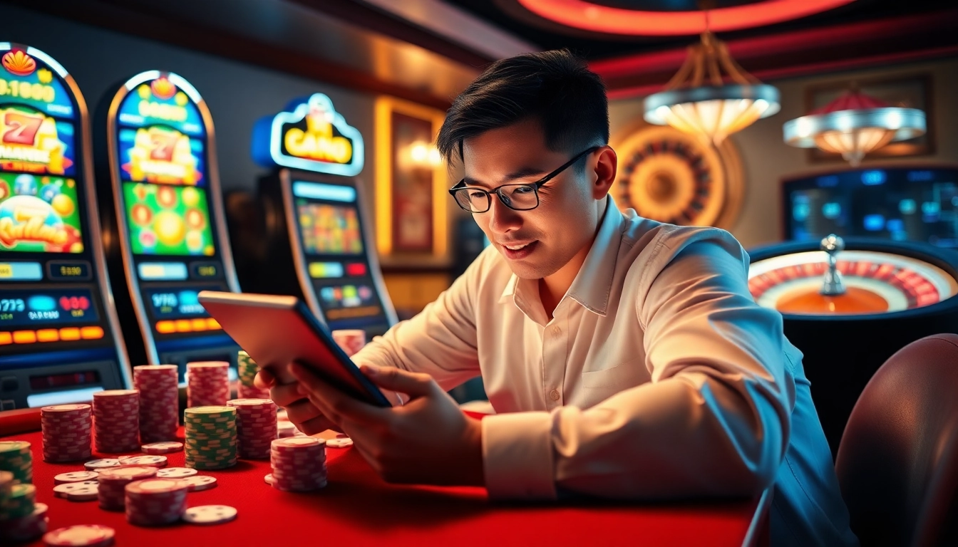 Engaged player enjoying the excitement of PH222 slot games in a dynamic casino scene.