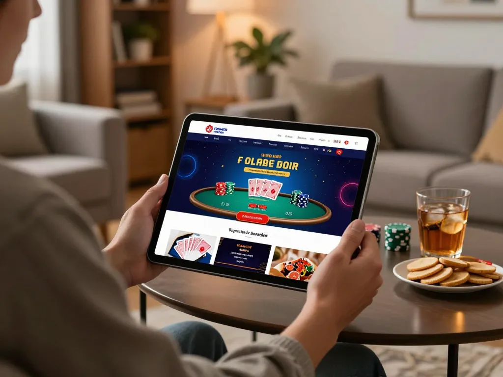 Engaging online poker session with net88 on a tablet in a cozy living room setting