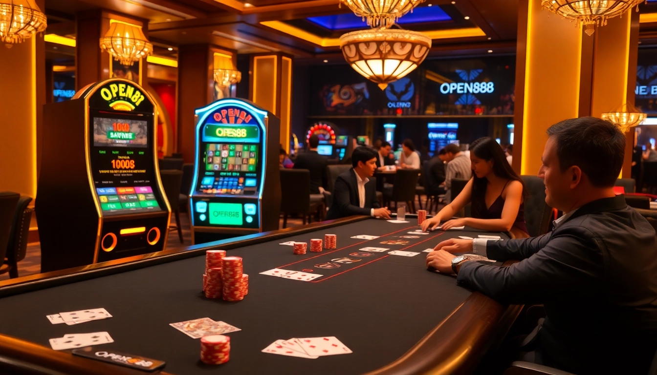 Players enjoying their experience at OPEN88 casino with vibrant tables and slot machines.