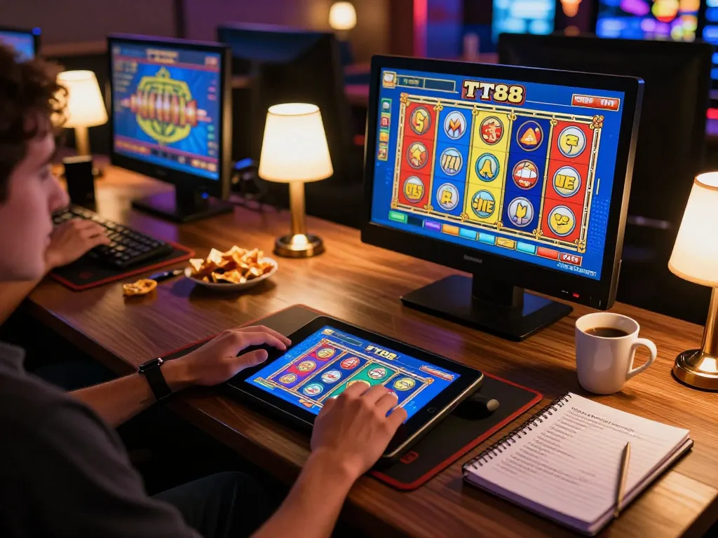 Player engaging with TT88 slots on a tablet, showcasing an immersive online casino experience.